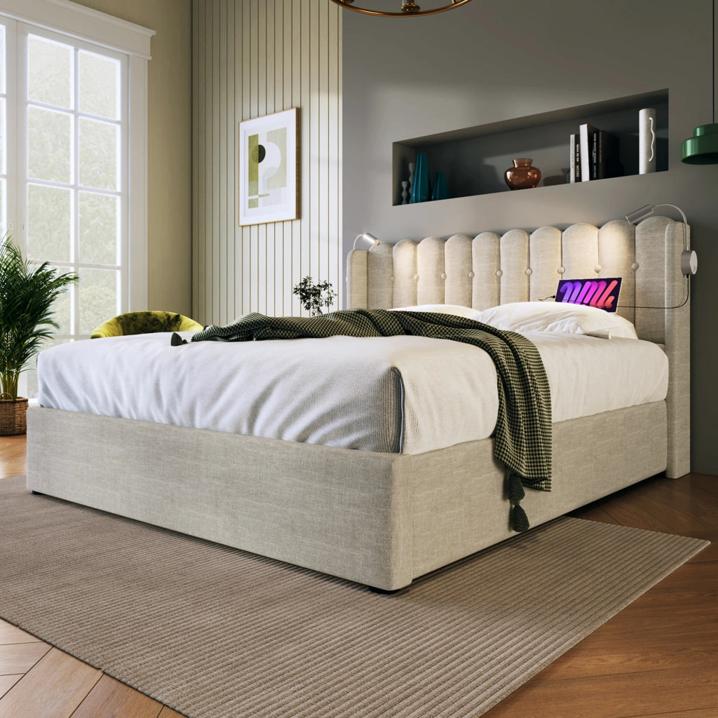 Letto matrimoniale con contenitore; luce da lettura e USB; 140x200 cm; rivestito in lino beige