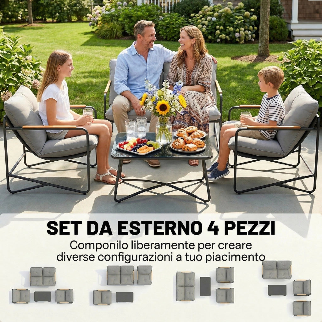 Set 4 Pezzi Salotto da Giardino con Divano 2 Posti e 2 Poltrone con Cuscini in Metallo e Texteline Grigio Chiaro