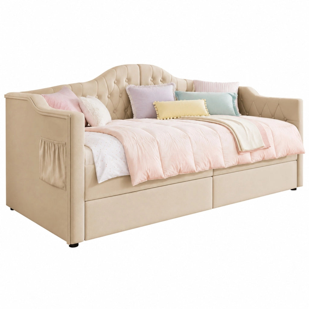 Daybed imbottito 90x200 cm con 2 cassetti; USB e Type-C; velluto beige