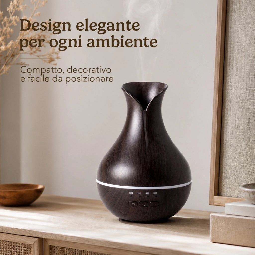 Diffusore di Aromi 140 ml con Luce LED 7 Colori e Timer fino a 6 Ore, Umidificatore per Ambienti, Design Effetto Legno Scuro, Alimentazione USB/240V