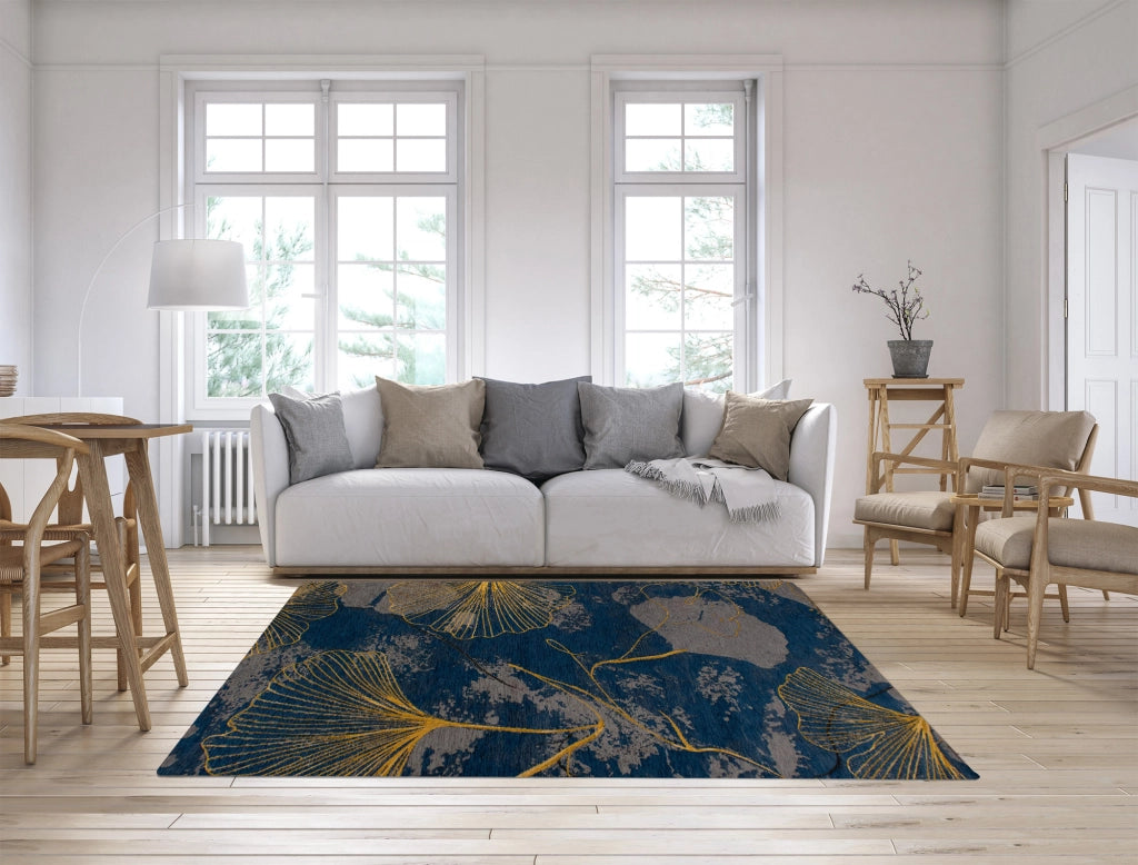 Tappeto Arredo Moderno Morbido in Ciniglia Ingresso Antiscivolo Prodotto Italiano  Soggiorno Camera Salotto Disegni Piazzati Cotone Varie Misure Grande Ginko/Indaco - 175x280 cm