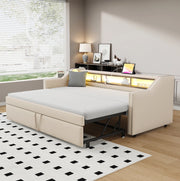 Divano letto 90/180 x 190 cm beige in tessuto con USB e LED