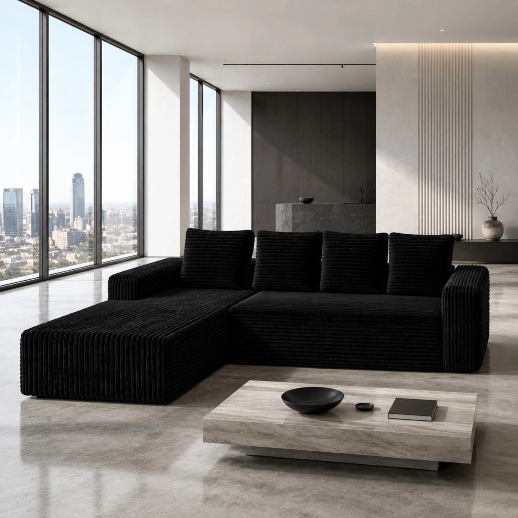 Divano modulare a forma di l con chaise longue reversibile in velluto a coste nero 261.0 × 168.0 × 58.0 cm 2 moduli