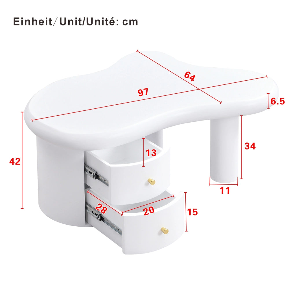 Tavolino da caff¨¨ 97x64x42 cm con 2 cassetti in MDF bianco