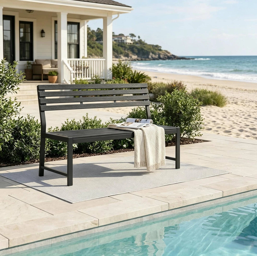 Panca da giardino con schienale in metallo e lamelle PS, 115x55x85 cm, colore nero