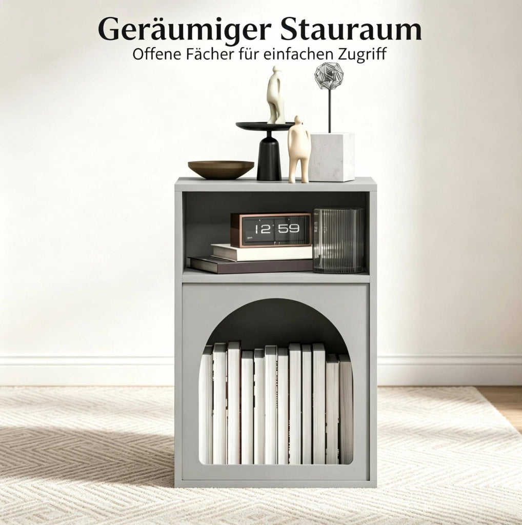 Set di 2 comodini grigi in MDF con ripiani aperti, design curvo, 40x30x60 cm