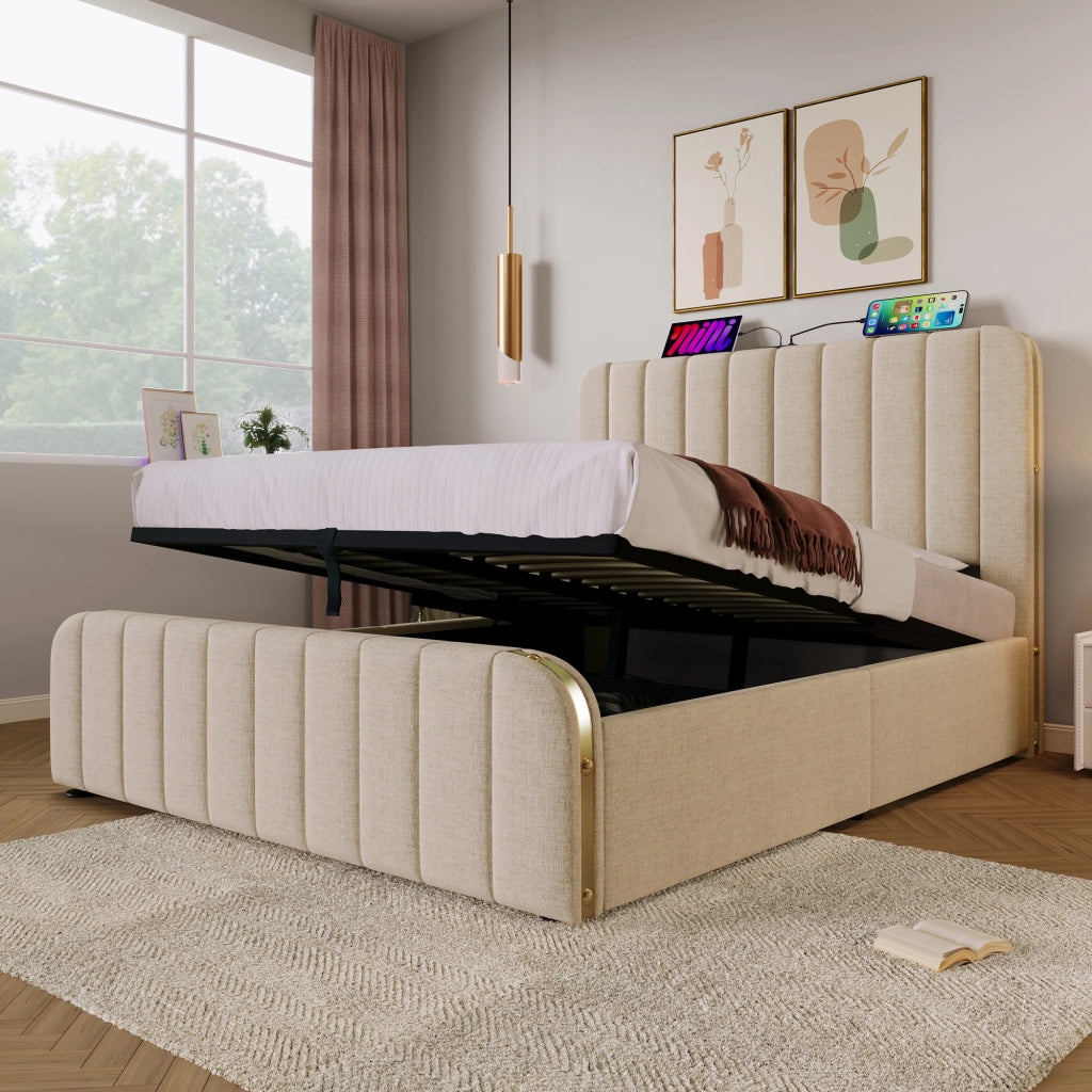 Letto contenitore 140 × 200 cm con materasso a molle; testiera imbottita USB e USB-C in lino beige