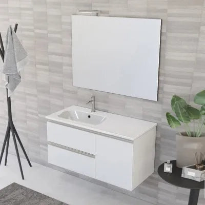 Mobile bagno sospeso 100 cm bianco opaco con cassetti e anta completo di lavabo a sinistra e specchio Master
