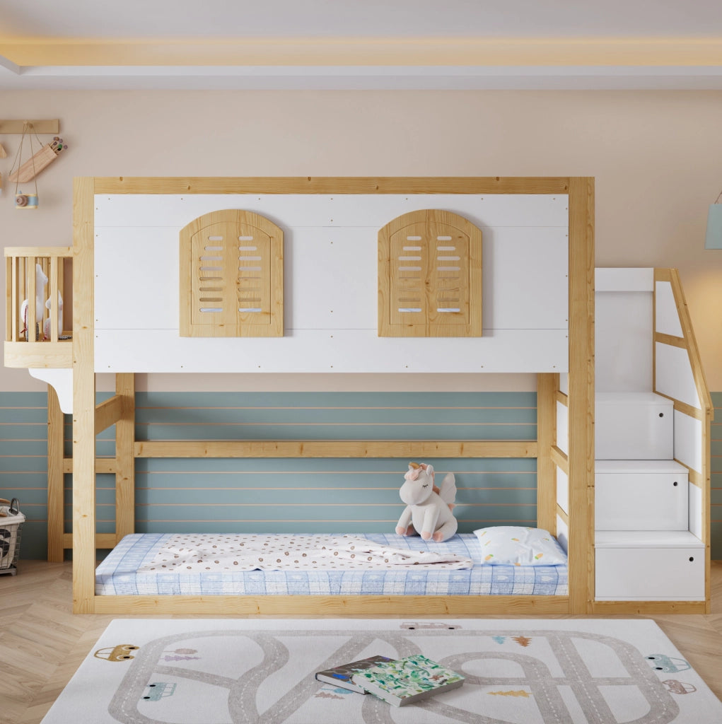 Letto a soppalco 90x200 cm con scala contenitore e spazio gioco, bianco naturale