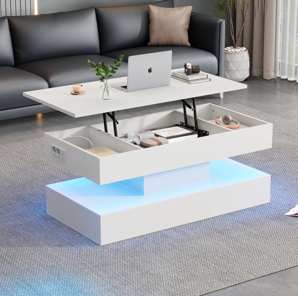 Tavolino da salotto sollevabile con LED; vano portaoggetti e prese EU 100x50x42 cm bianco