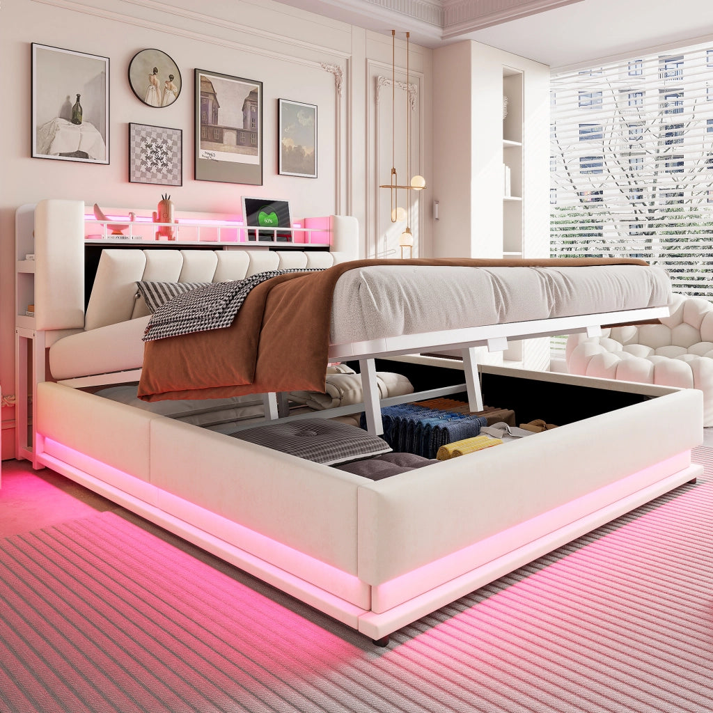 OKWISH Letto Contenitore 180×200 cm, Letto Matrimoniale con LED, USB, Tipo C e Vano Contenitore, senza Materasso, Beige