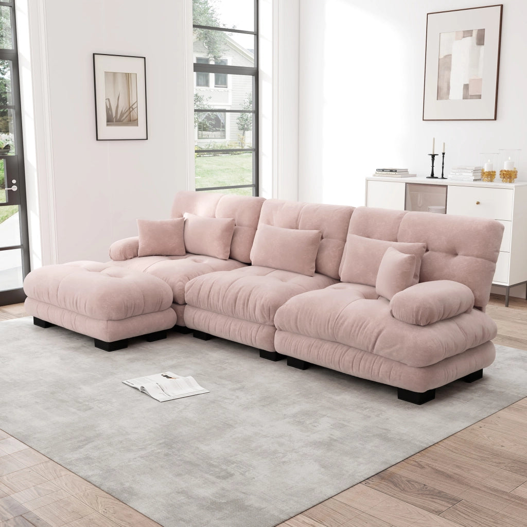 Divano modulare in chenille rosa con ottomani mobili configurabile ad angolo; lineare o a U con seduta profonda