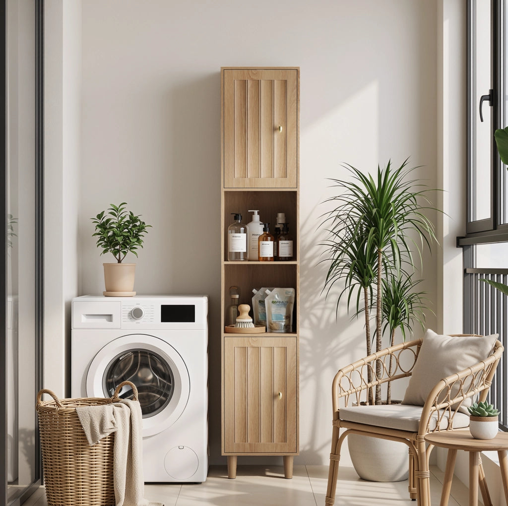 Mobile da Bagno Stile Mid-Century, Armadietto Alto in MDF con Ante e Ripiani Aperti, Legno di Pino, 32x30x169 cm, Finitura Quercia