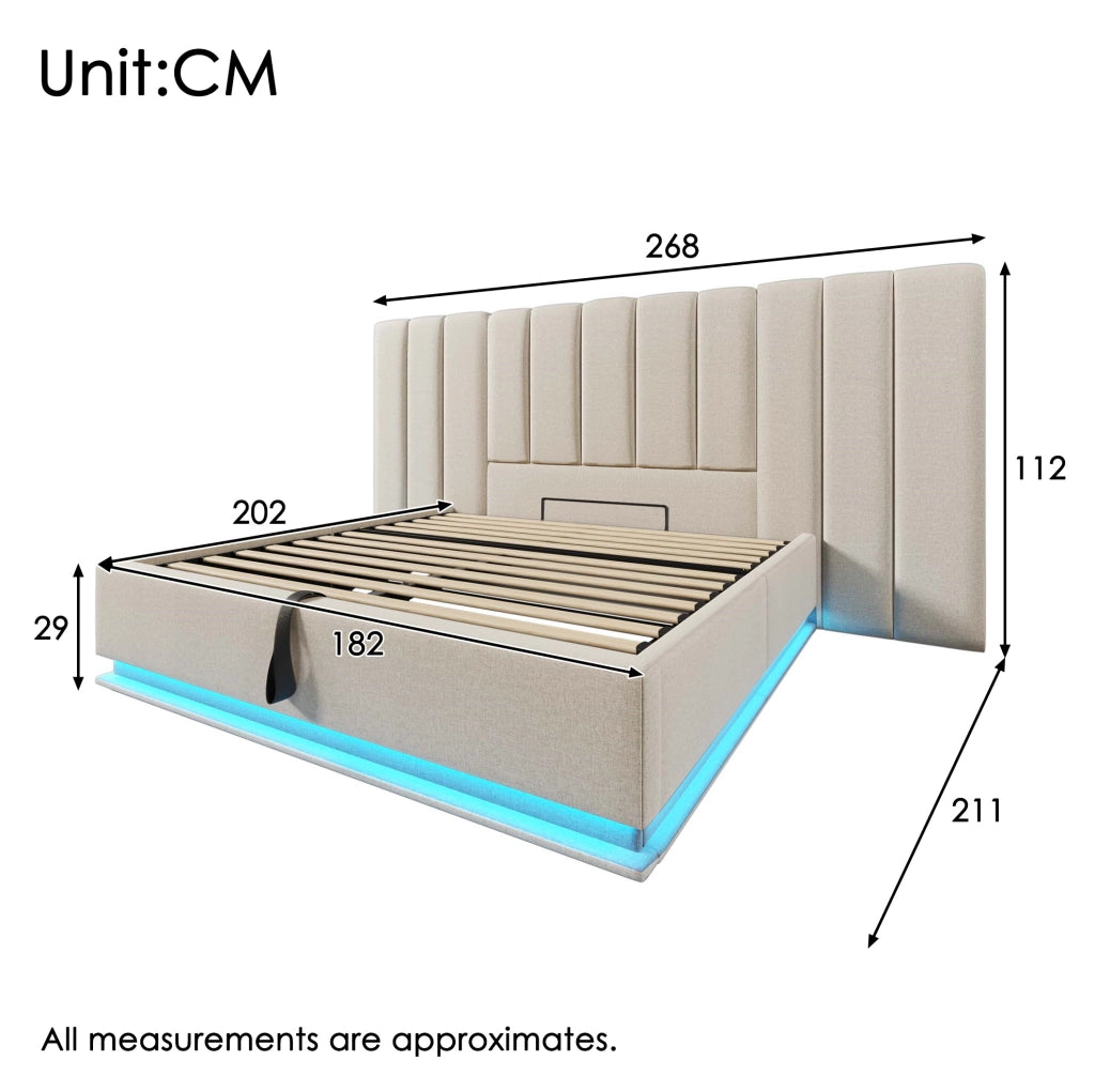 Letto matrimoniale 180x200 cm in lino beige con LED, contenitore e materasso