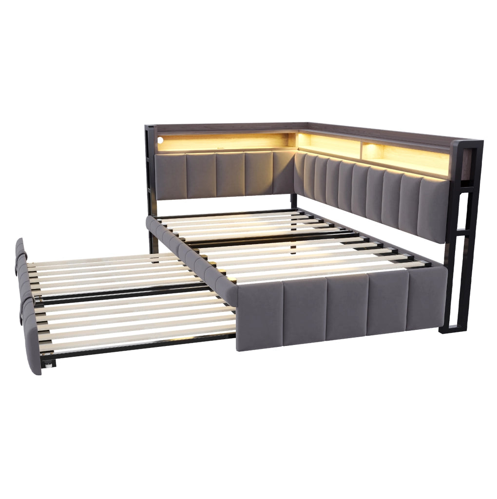 Divano letto estraibile 90x200 cm con LED, USB e USB-C in velluto grigio scuro