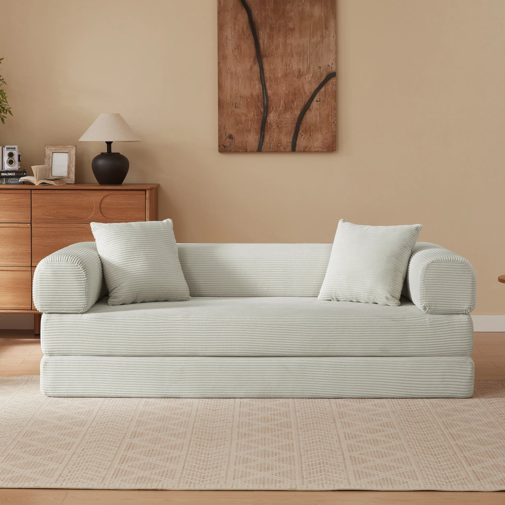 Divano letto modulare trasformabile con funzione letto singolo e struttura stabile, in velluto beige