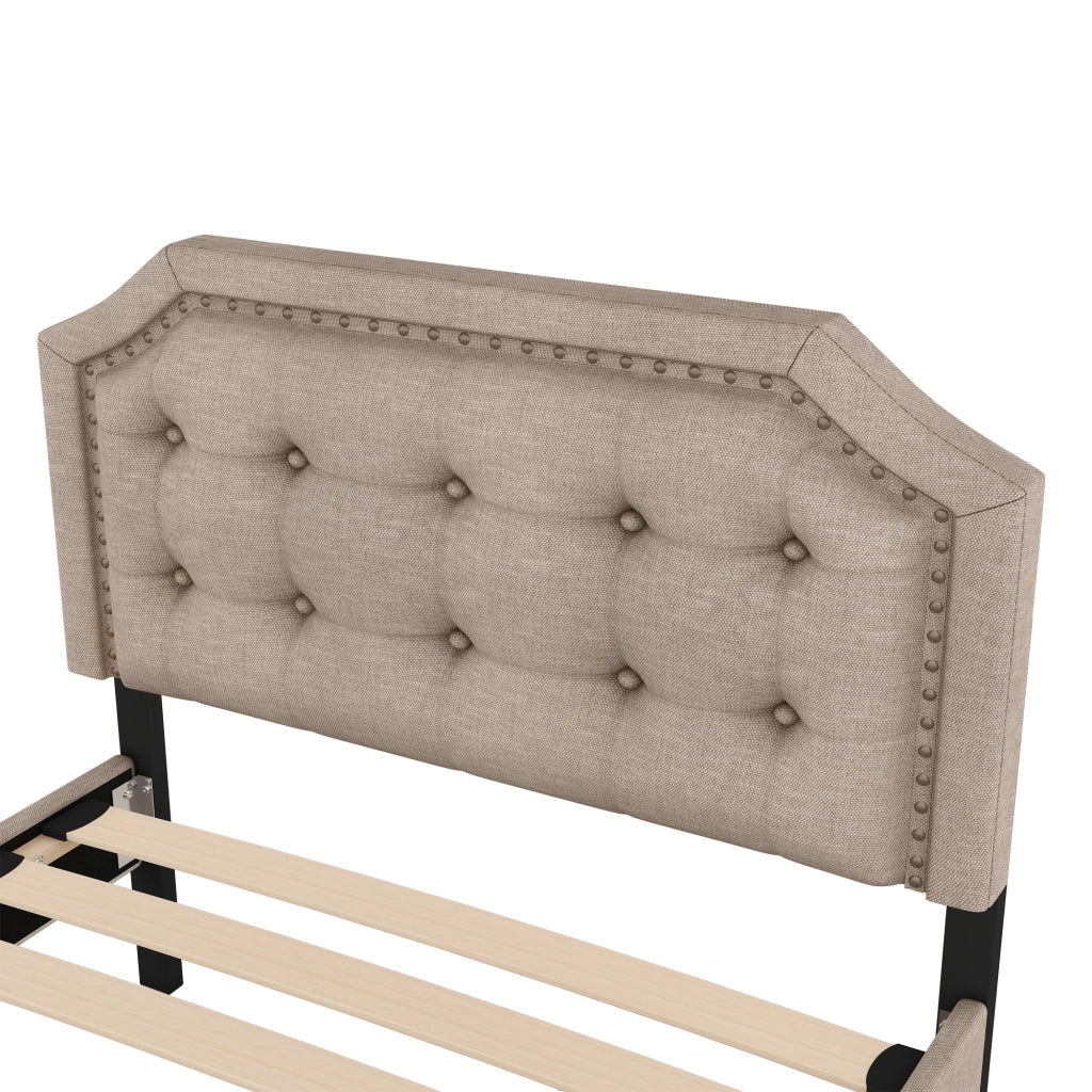 Letto imbottito 90x200 cm con 2 cassetti in lino e MDF beige scuro