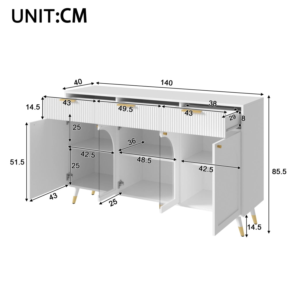Credenza ULEVR 140x40x85,5 cm con 4 ante in acrilico trasparente e 3 cassetti, bianca
