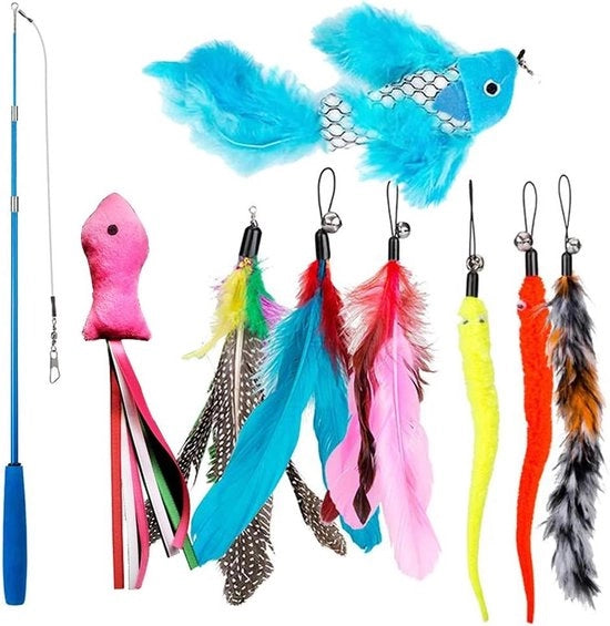 9 pezzi di giocattolo per gatti - Asta telescopica con setole per gatti - Hama da pesca interattiva ritirabile - 8 pezzi di setole di riserva per giocattolo da appendere - Mosca volante per pesce per gatti da interni.