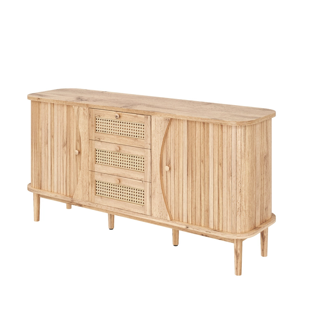 Credenza con 3 cassetti in rattan e ante scorrevoli, ripiani regolabili per soggiorno e ingresso, naturale, 140.5 × 40 × 76 cm