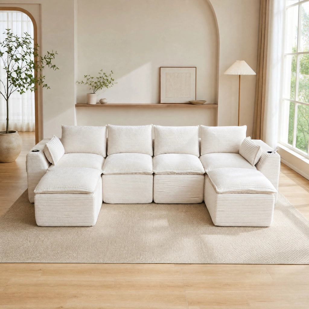 Divano modulare combinabile 322x161x75 cm in velluto a coste beige