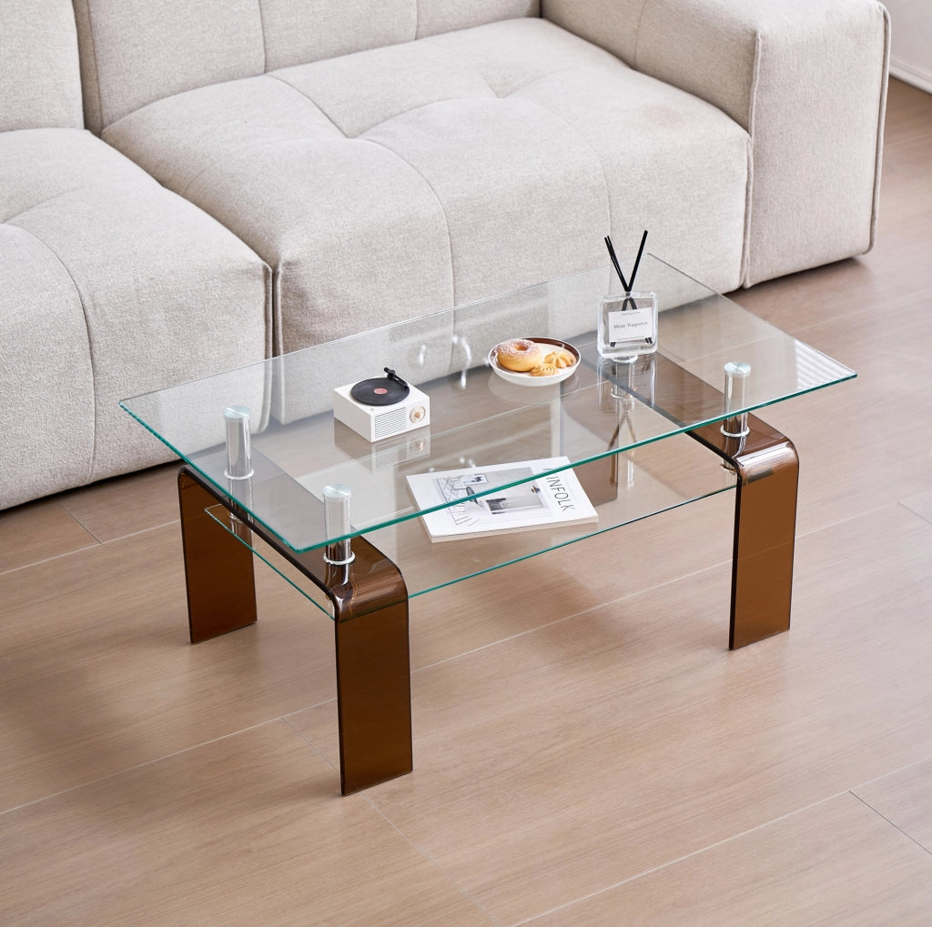 Tavolino da salotto in vetro temperato 100x55x45 cm con ripiano e gambe marroni HOMVRA