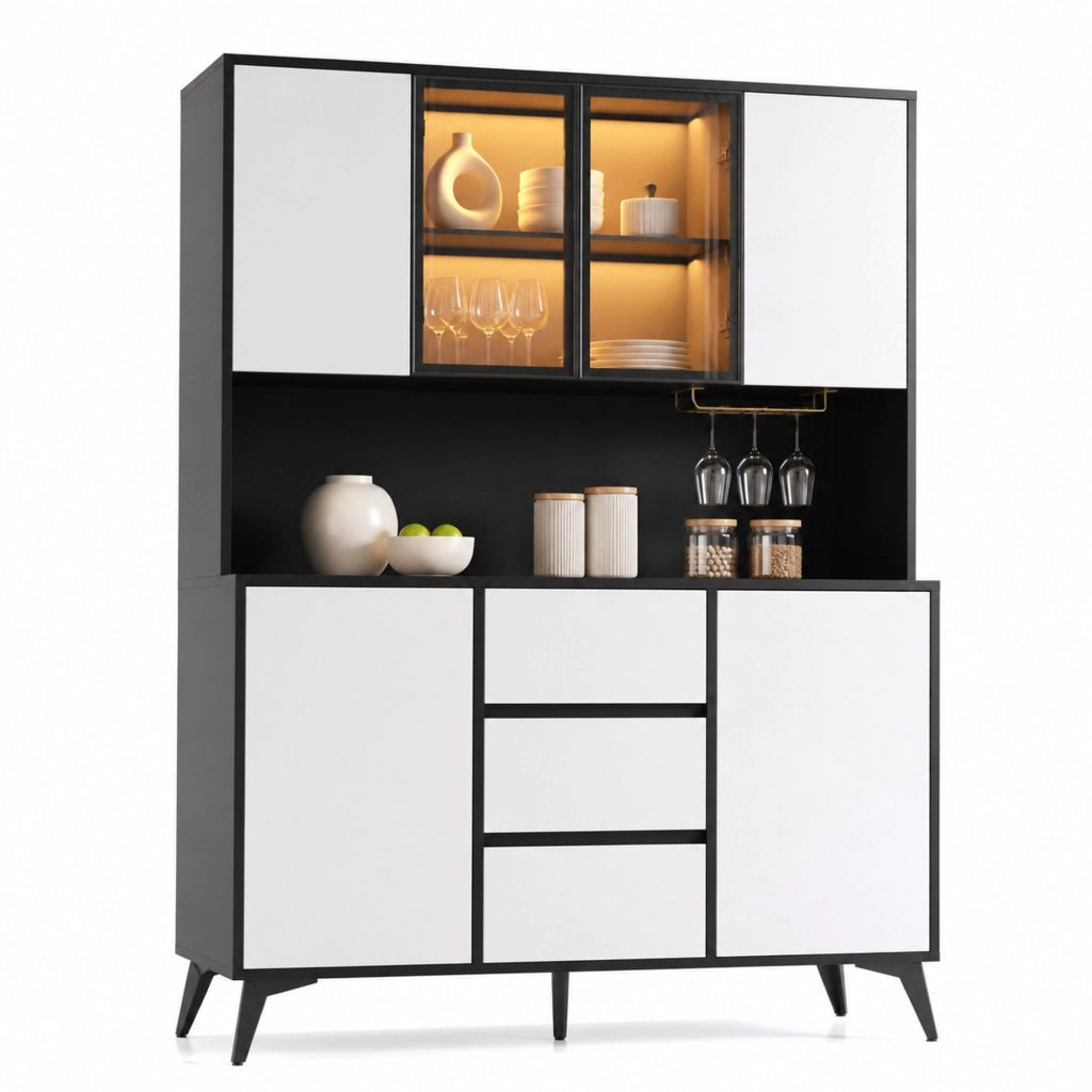 Credenza alta 120 cm con vetrina LED e portabicchieri