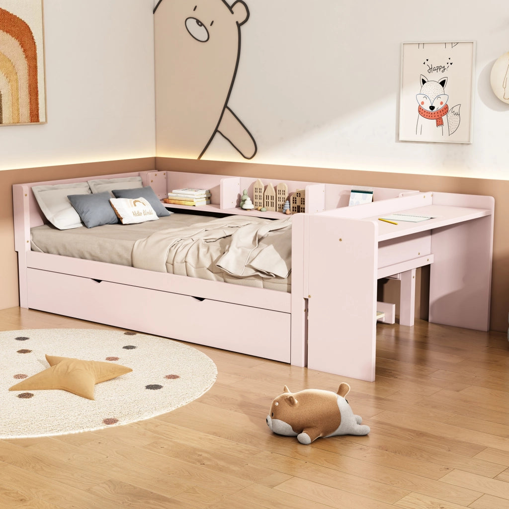 Letto per bambini 90×200 cm con letto estraibile; scrivania e 3 ripiani laterali; senza materasso; rosa