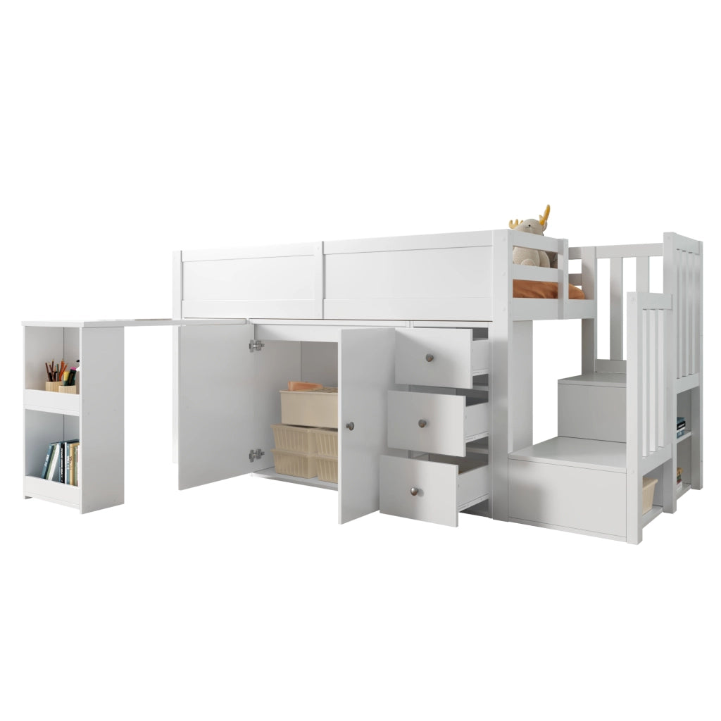 Letto a soppalco 90 ¡Á 200 cm con scrivania scala contenitore armadio cassetti e barriera in legno e MDF bianco