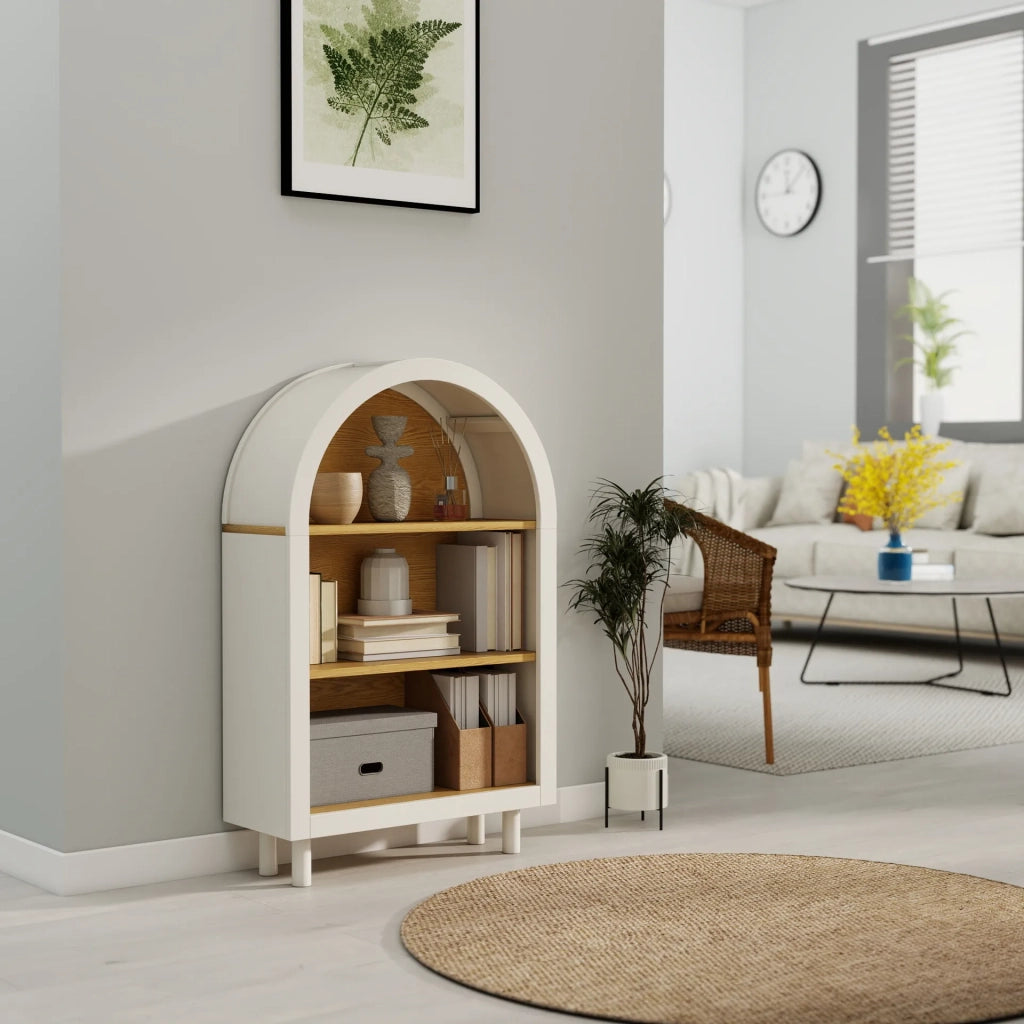 Libreria con vano portaoggetti, design moderno con bordo superiore arcuato, 3 ripiani, bianco effetto legno, per soggiorno, camera da letto e ingresso