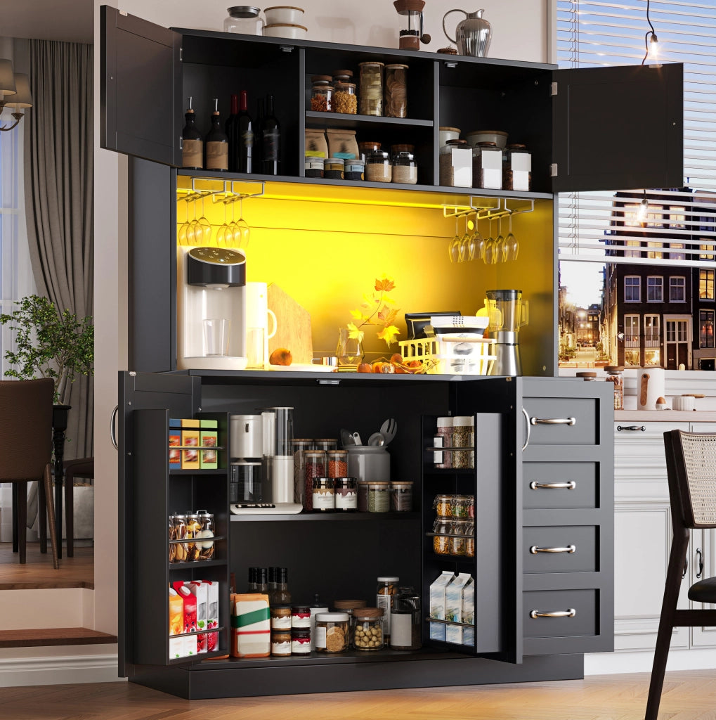 Credenza alta 120x40x188 cm in MDF nero con LED e contenitore integrato