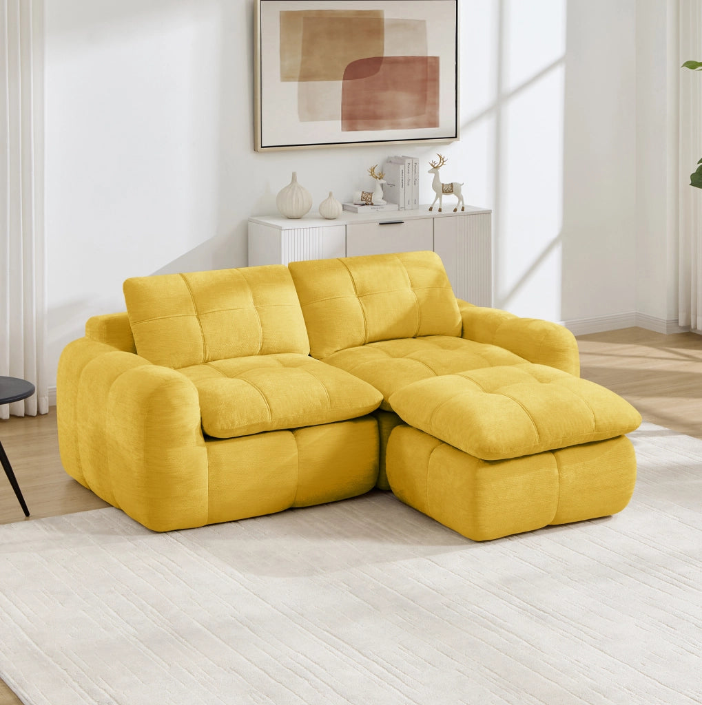 Divano modulare a 2 posti a forma di L in Chenille giallo senza struttura con pouf, ideale per soggiorni e appartamenti