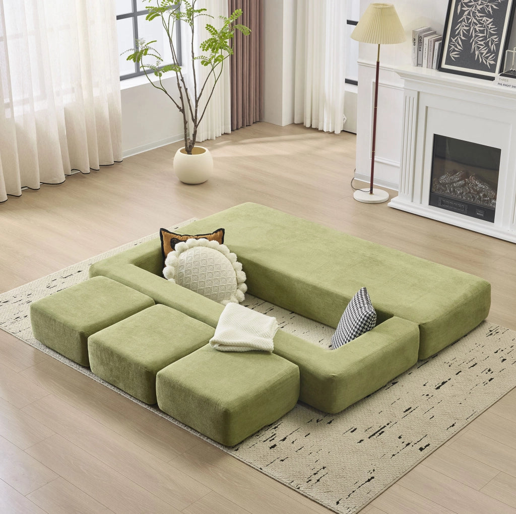 Divano letto da pavimento modulare in chenille verde