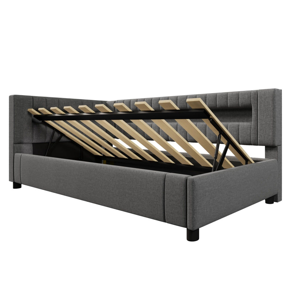 Daybed 90x200 cm con contenitore idraulico, LED, USB e USB-C in lino grigio
