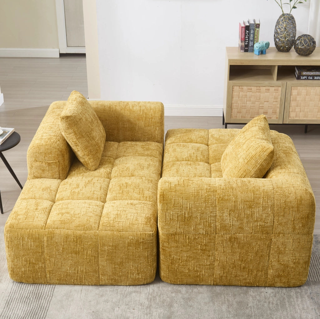 Divano chaise longue in ciniglia giallo con tasche laterali e cuscino