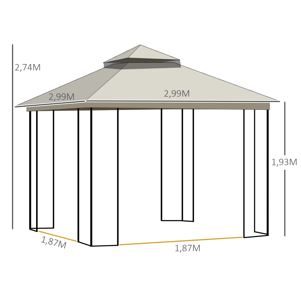 Gazebo da giardino con doppio tetto e 4 pareti in rete removibili struttura in metallo beige 2.99 × 2.99 × 2.74 m