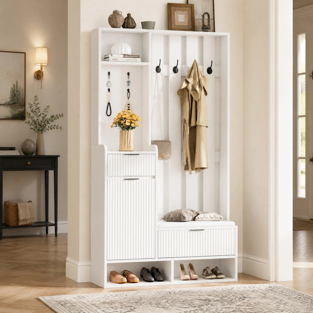 Guardaroba da ingresso 6 in 1 con panca; 8 ganci e contenitore; 100 ¡Á 30 ¡Á 180 cm; bianco