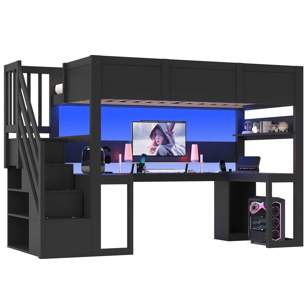 Letto a soppalco 90x200 cm con scrivania integrata; LED e USB; nero