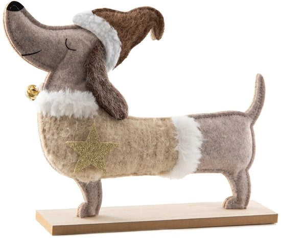 Decorazione figurativa cagnolino - Base di velluto e legno - Decorazione di Natale - Bottoni e stella dorata - 27 cm di larghezza - Aspetto accogliente