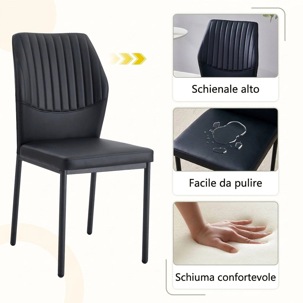 Set di 4 sedie da pranzo nere 93 cm con schienale a coste verticali; in PU e metallo