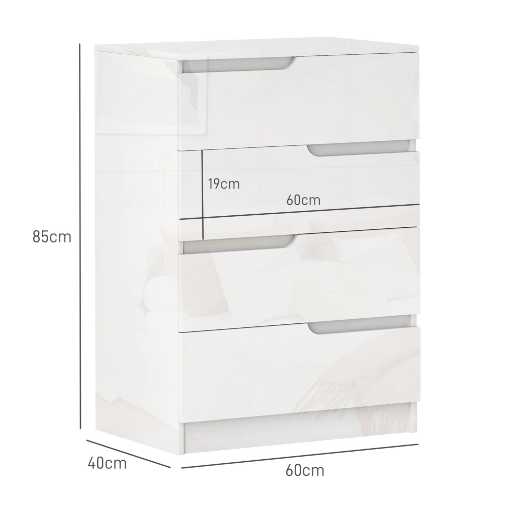 Cassettiera 4 Cassetti Moderna in Legno, Mobiletto Salvaspazio per Camera da Letto e Casa, 60x40x85 cm, Bianco Lucido