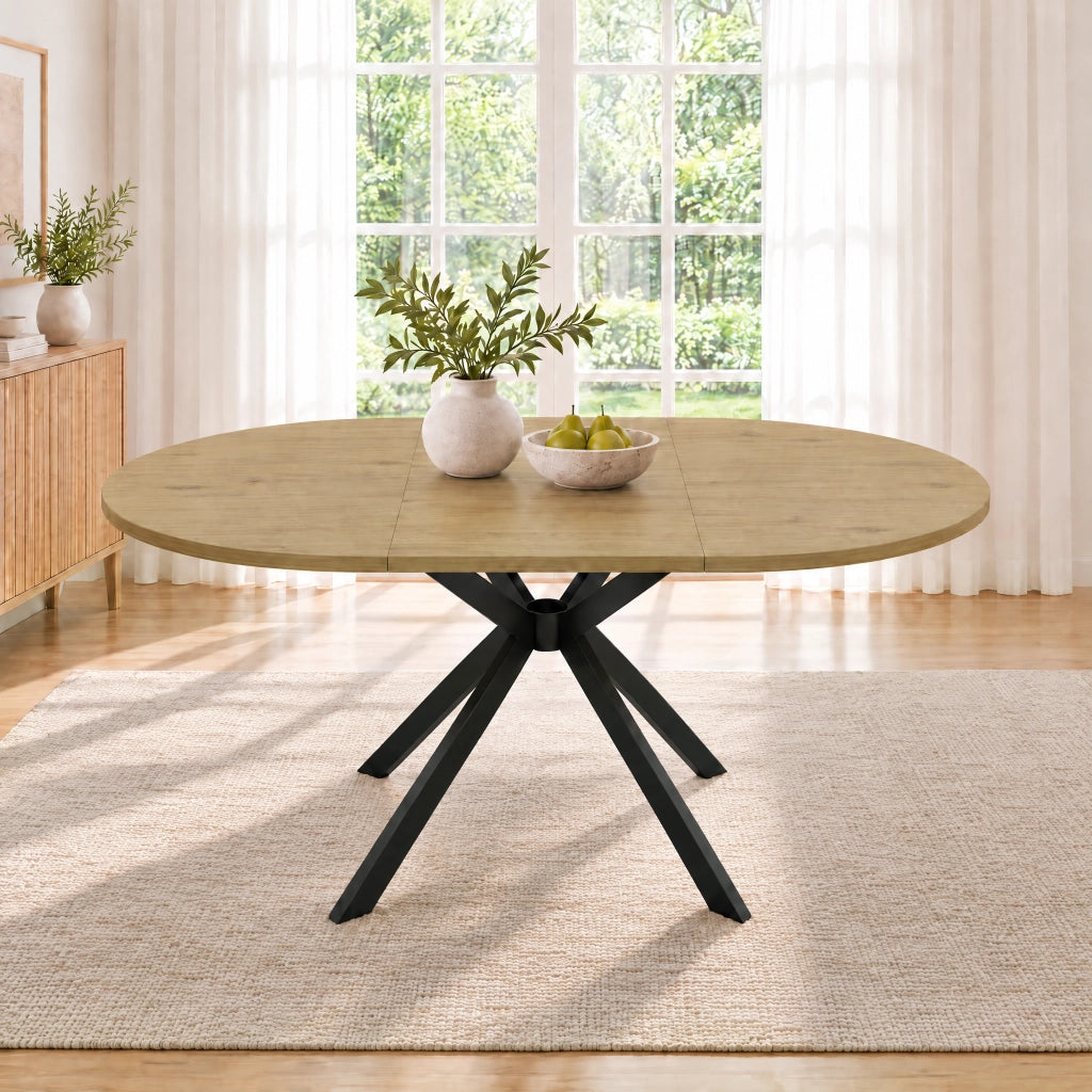 Tavolo Rotondo Allungabile 100-140x100 cm 4-6 Posti LEMONMAX; Diventa Ovale; Prolunga Integrata; MDF Effetto Legno e Gambe in Metallo