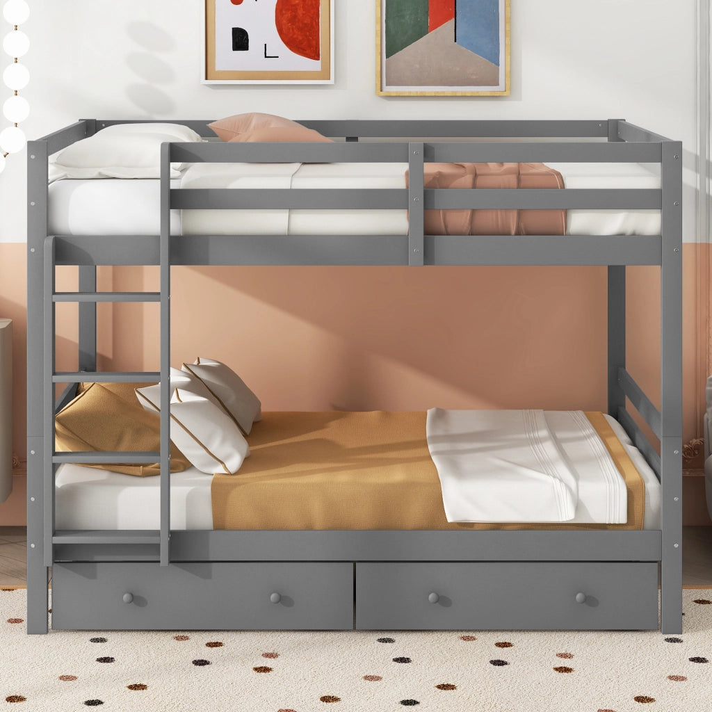 Letto a Castello 140x200 cm; 2 Posti; con Cassetti e Scala - in Legno e MDF - Grigio