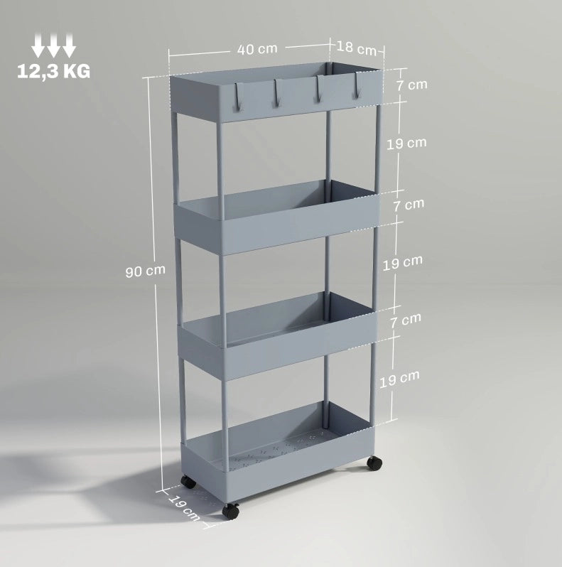 Carrello cucina a 4 ripiani con ruote, grigio