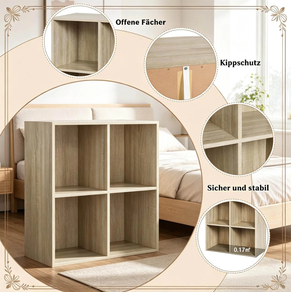 Libreria a cubi compatta in legno E1 60x60x29 cm con 4 scomparti, mobile aperto multifunzione per soggiorno e ufficio, colore legno chiaro