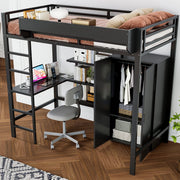 Letto a soppalco 90 × 200 cm con scrivania, armadio a 2 ante e scala a 5 gradini, senza materasso, nero
