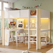 Letto a soppalco 140x200 cm, legno di pino naturale e bianco, con scrivania, pannello forato e striscia LED. Senza materasso