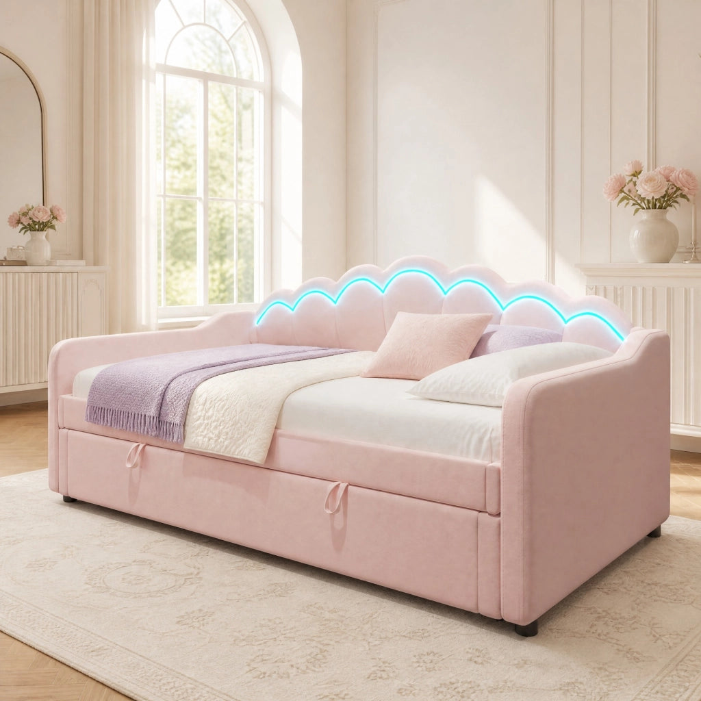 Letto singolo 90x200 cm con contenitore idraulico e LED in velluto rosa