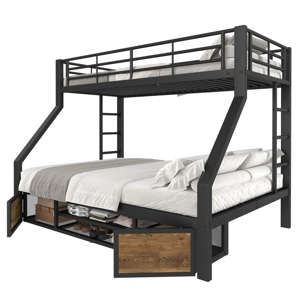 Letto a castello 3 posti 90×200 cm e 140×200 cm con scarpiera e vani; senza materasso; in metallo nero