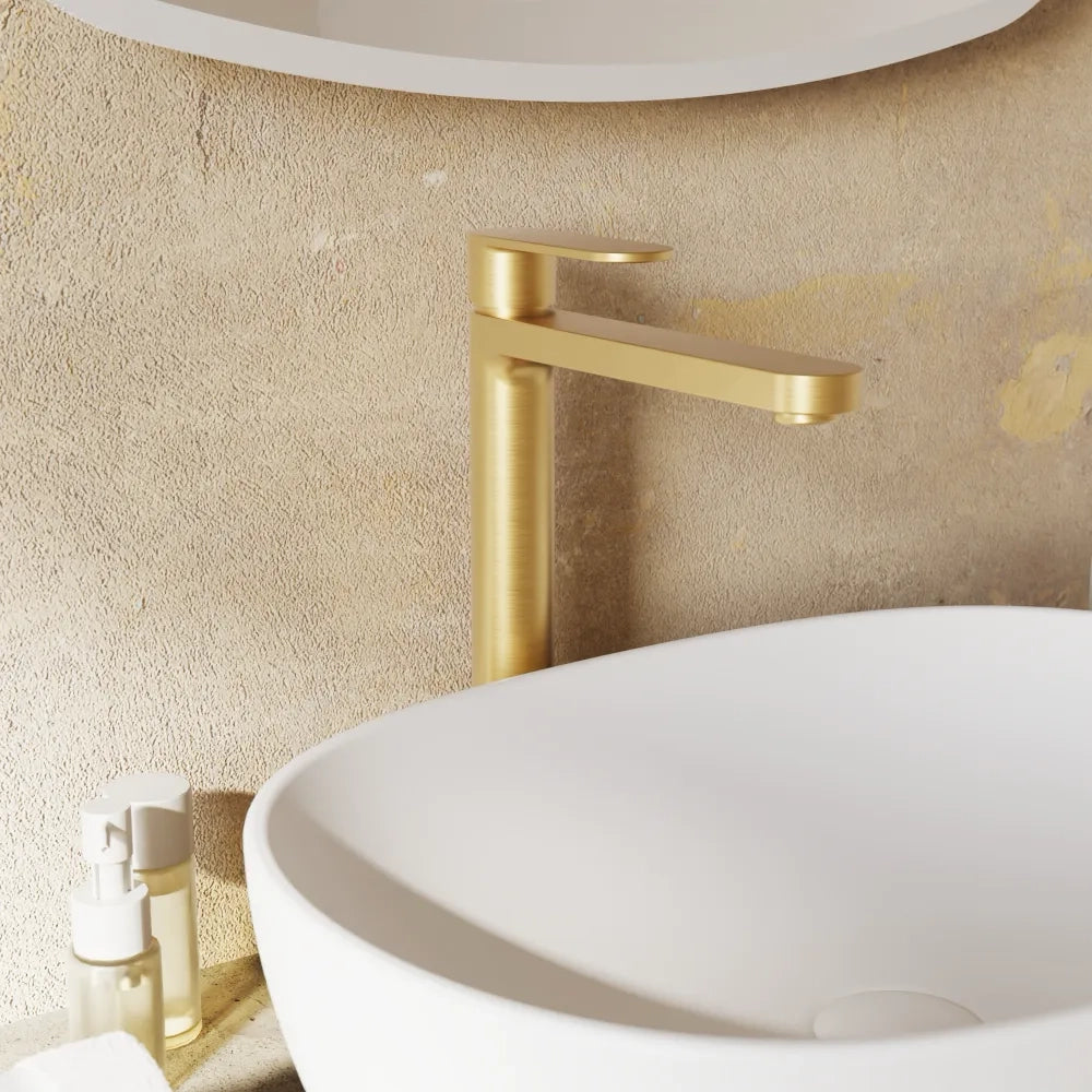 Set miscelatori lavabo alto bidet miscelatore doccia con deviatore oro spazzolato | Margot